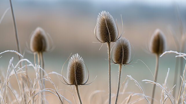 Dried teasel seed heads in frosty field