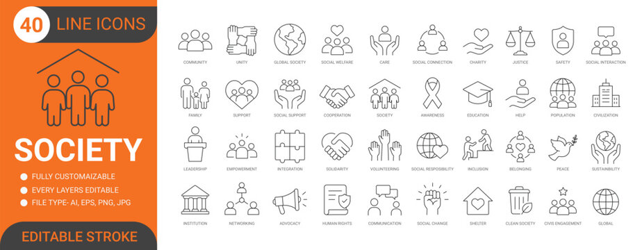 Society and community line icon set with unity, support, family, care and social welfare. Editable stroke.