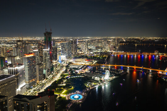 Aerial stock photo Miami bayfront scene lit bridges
