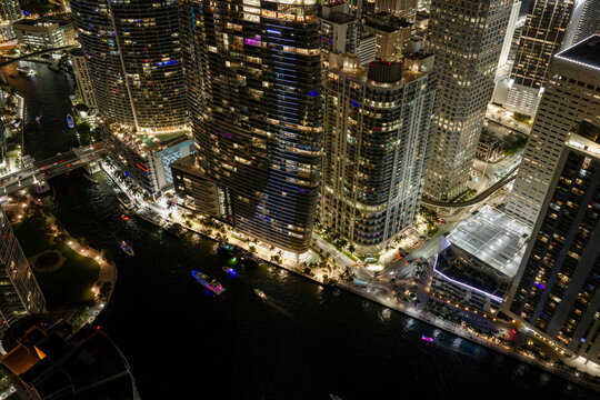 Mega aerial photo Downtown Miami on the river lit at midnight