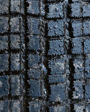 Rubber texture with a block tread pattern and water droplets, featuring a gritty vulcanised surface for automotive and industrial backgrounds