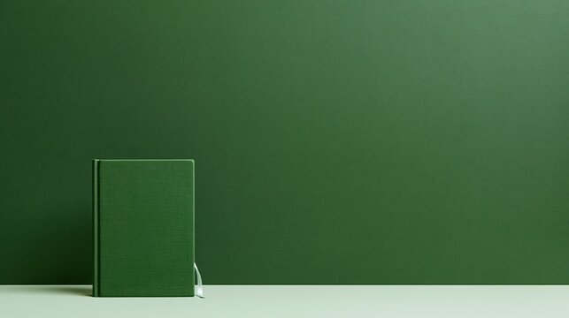 Green cloth-bound book with a white ribbon marker on a matching surface, featuring soft lighting and ample copy space for a mockup