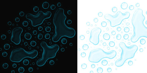 Naklejka premium Water drops and liquid puddles set on black and transparent backgrounds