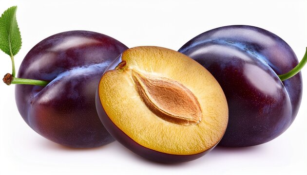 isolated plums cut fresh blue plum fruits isolated on white background