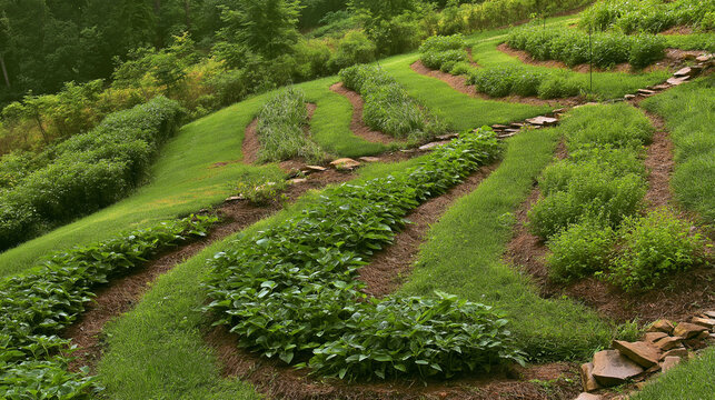 Terraced garden with stone paths and rows of green plants on a hillside