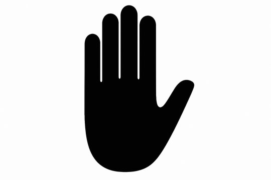 A black silhouette of a raised hand against a white background framed by black bars.