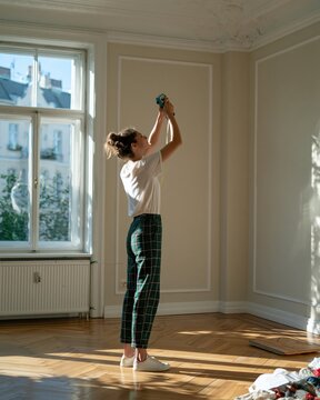 Vacant apartment with a woman using a laser measure to check the ceiling cornice, featuring sunny herringbone parquet and copy space for real estate