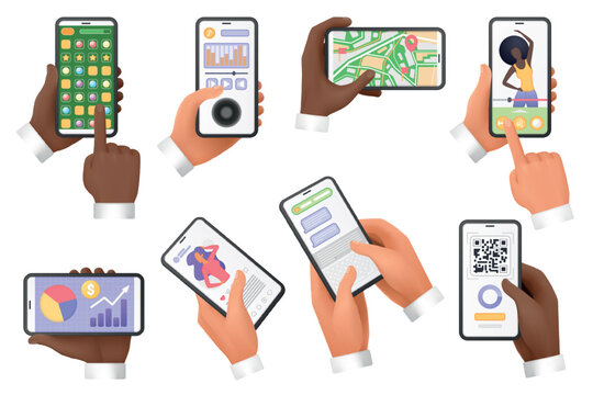 Diverse hands holding smartphones with various app interfaces, including charts, maps, QR codes, and messaging, representing modern mobile technology usage vector illustration