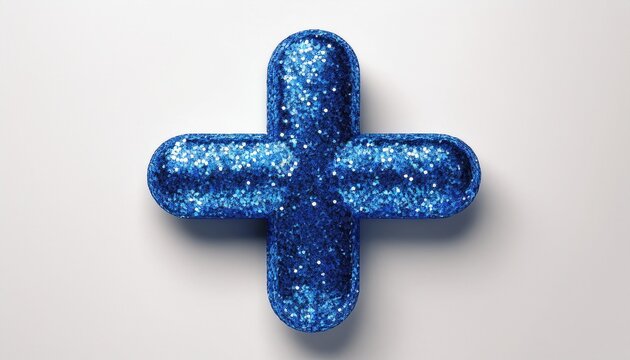 plus sign blue glitter object on white background background