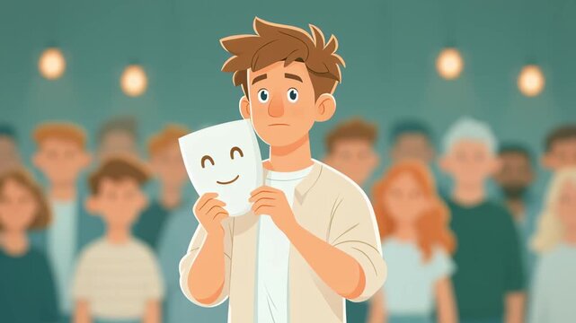 Young man standing in front of a crowd, hiding his true sad feelings behind a smiling mask, representing the concept of social pressure, hypocrisy, and emotional suppression in modern society
