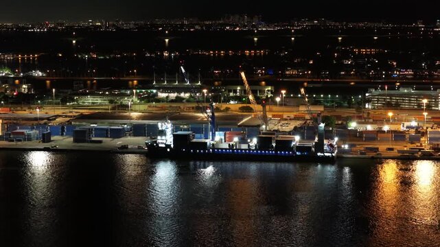 Aerial video Midnight operation Port of Miami Florida