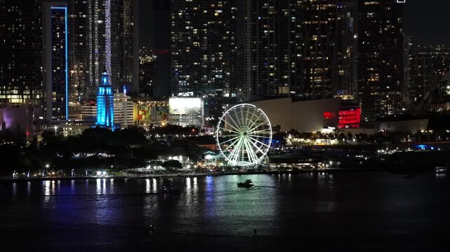 Aerial video Skyviews ferris wheel Downtown Miami Bayfront Park