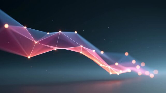 Luminous pink and purple polygonal mesh waving smoothly in a dark digital space with glowing particles and light effects, symbolizing data connection, technology, and futuristic concepts