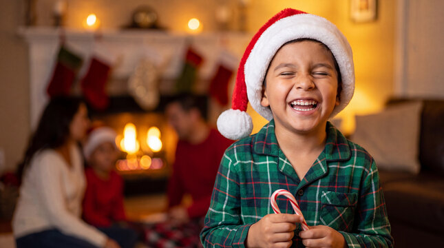 A cheerful Latino boy in plaid pajamas and a Santa hat laughs with a candy cane by a cozy fireplace for Christmas family content.