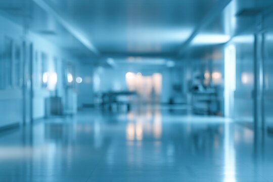 Blurred hospital interior with abstract medical backdrop and cool blue tones