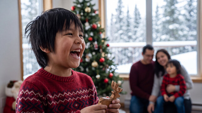 A laughing Indigenous boy in a red wool sweater holds a wooden ornament during a cozy Christmas morning at home with family.