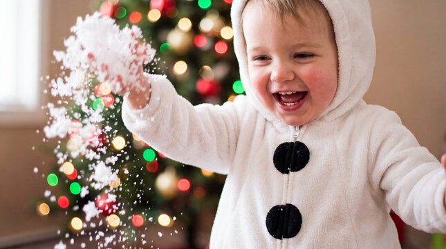 A cute toddler child dressed as a snowman laughs under Christmas lights during a festive holiday winter December Santa celebration for family marketing.