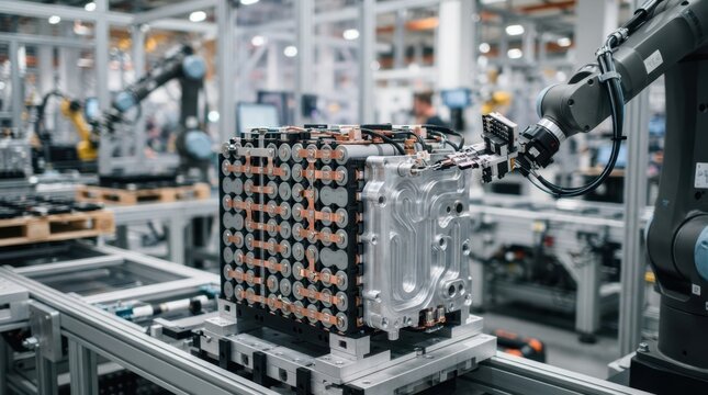 Cylindrical battery cell stack with cooling manifold, robot arm, and assembly conveyors in a factory.