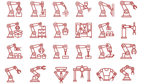 Industrial robotic arm line icons set, automated factory machinery vector elements, manufacturing robot thin line pictograms