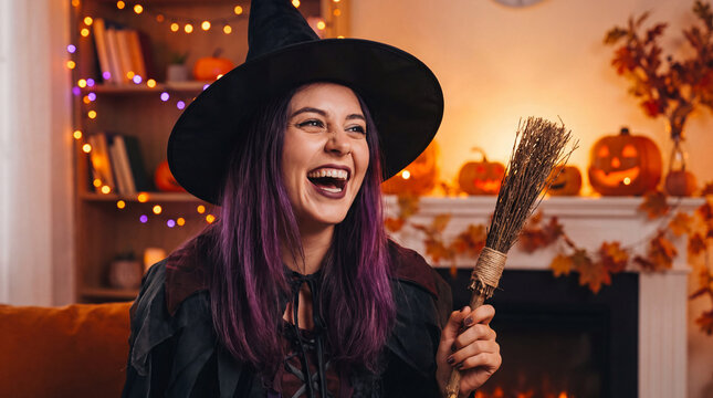 A person in a witch costume laughs at a festive Halloween holiday party, adding fun spooky autumn October celebration energy for seasonal marketing.