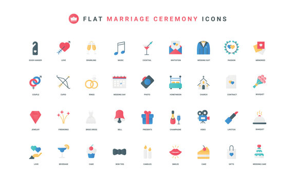 Wedding and marriage contract, groom and bride color icon set. Invitation for party celebration, champagne and cake in catering menu, honeymoon photo memories flat elements vector illustration