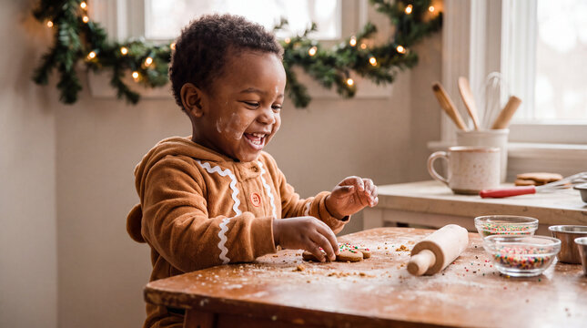 A cute toddler child in a gingerbread costume laughs while baking cookies during a festive Christmas holiday winter December Santa celebration for family marketing.