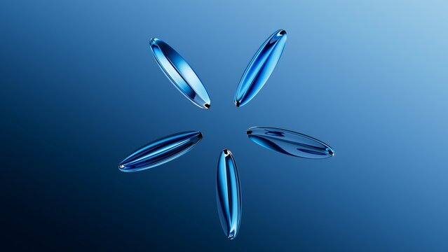 3d rendered round glass shapes with a reflective surface, arranged in shape of a star, floating on air. Futuristic abstract background featuring blue lenses. Minimalist aesthetic concept