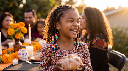 Fototapeta premium A radiant Afro-Latina girl with beaded braids laughs holding pan de muerto at a golden Day of the Dead family dinner.