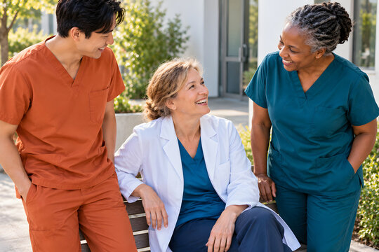 Older woman in a wheelchair talks with two healthcare professionals outdoors, showing coordinated community support, social connection, primary care outreach, and inclusive wellbeing.