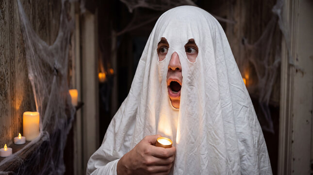 A person in a ghost costume looks surprised at a festive Halloween holiday party, adding fun spooky autumn October celebration energy for seasonal marketing.