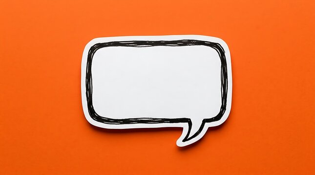 A white paper speech bubble with a hand drawn black border on a bright orange background