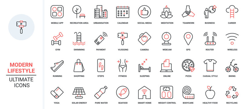 Fitness and yoga calendar, social media and vlog mobile apps, shopping payment with credit card, wireless router. Modern lifestyle trendy red black thin line icons set vector illustration.