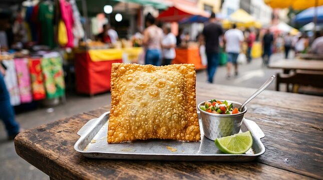 A crispy fried brazilian pastel served with a side of vinaigrette and lime at a street market