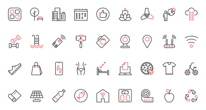 Fitness and yoga calendar, social media and vlog mobile apps, shopping payment with credit card, wireless router. Modern lifestyle trendy red black thin line icons set vector illustration.