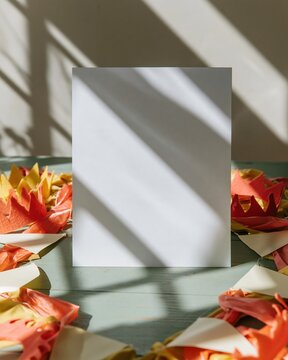 Blank white card mockup standing on a mint green table, surrounded by whimsical colorful felt shapes and paper flags for branding copy space