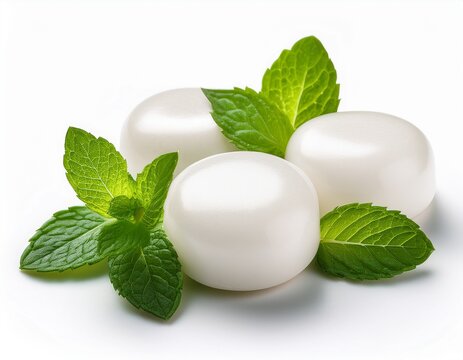 white bubble gums and mint isolated on white background
