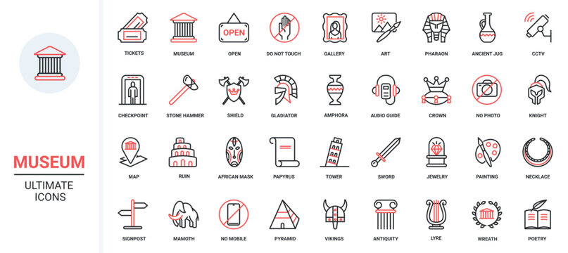 Exhibition antique artifacts culture heritage collection for visitors, school excursion, artwork exhibits of art history gallery. Museum trendy red black thin line icons set vector illustration.