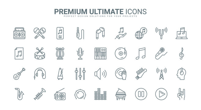 Music thin line icons set vector illustration. Outline acoustic instruments, notes and musical digital technology symbols, interface menu buttons and volume control pictogram, microphone and headphone