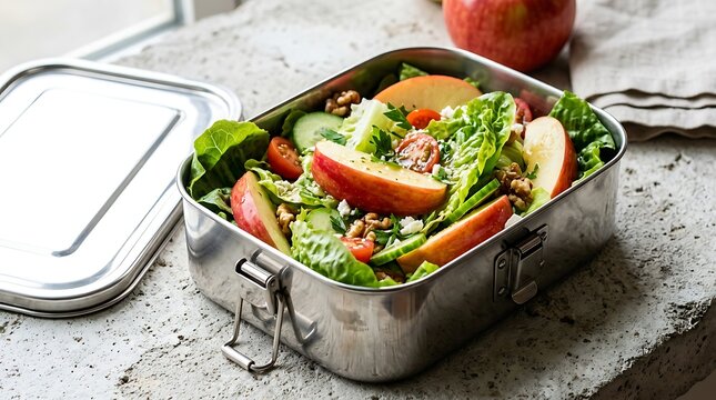 A healthy fresh green salad with apple slices served in a stainless steel lunch box container
