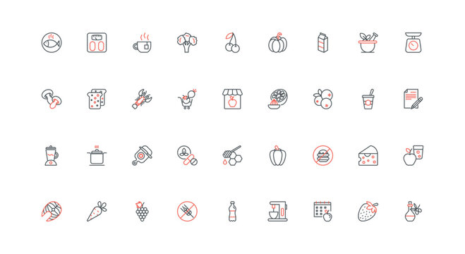 Healthy nutrition, vegetarian, gluten and fast food free diet for body health line icon set. Calendar menu planning with nutritionist, weight loss thin black and red outline symbol vector illustration