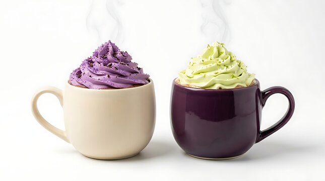 Two mugs of hot chocolate topped with colorful purple and green whipped cream on white background