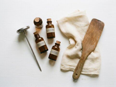 Traditional Cheese Making Tools Arranged On A Rustic Wooden Tabletop