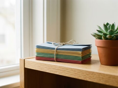 Organized Cash Envelopes On A Rustic Wooden Shelf For Budgeting And Financial Planning