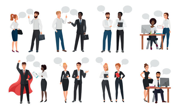 Business professionals communicating, collaborating, and sharing ideas in various workplace scenarios, highlighting teamwork, dialogue, and office interaction concepts vector illustration