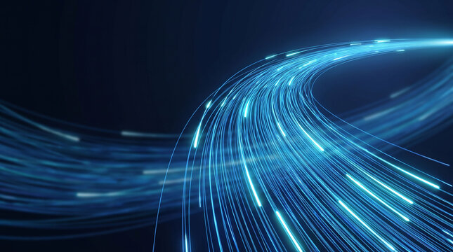 Abstract futuristic blue light trails and fiber optics representing high speed data transfer and digital connectivity