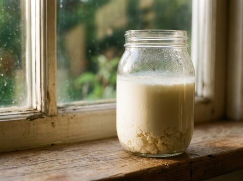 Fresh Milk Kefir In A Glass Jar, A Healthy Probiotic Drink For Wellness And Digestion