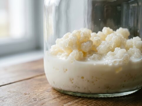 Milk Kefir Grains Cultivating In A Glass Jar For Homemade Probiotic Drink