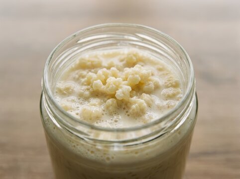 Fresh Milk Kefir Culturing In A Clear Glass Jar, Ready For A Healthy Drink
