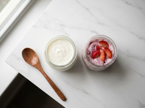 Fresh Homemade Yogurt In Glass Jars, Ready For A Healthy Breakfast Or Snack