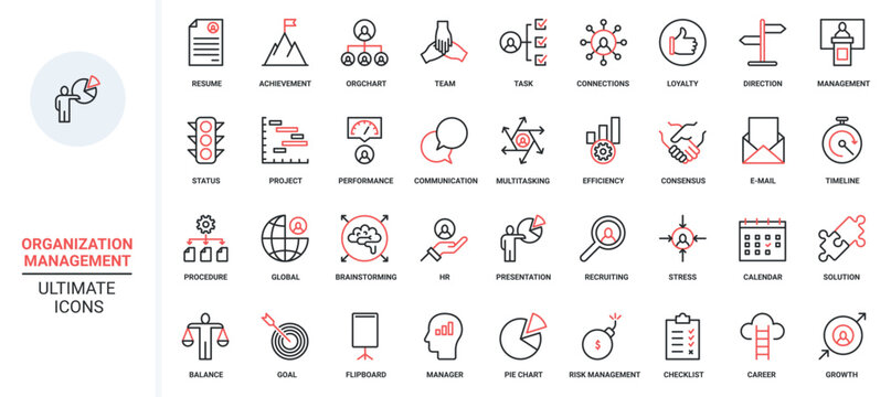 Vector illustration red black thin line icons set for business management human resource organization, direction and efficiency multitasking communication, recruiting resume search, achievement